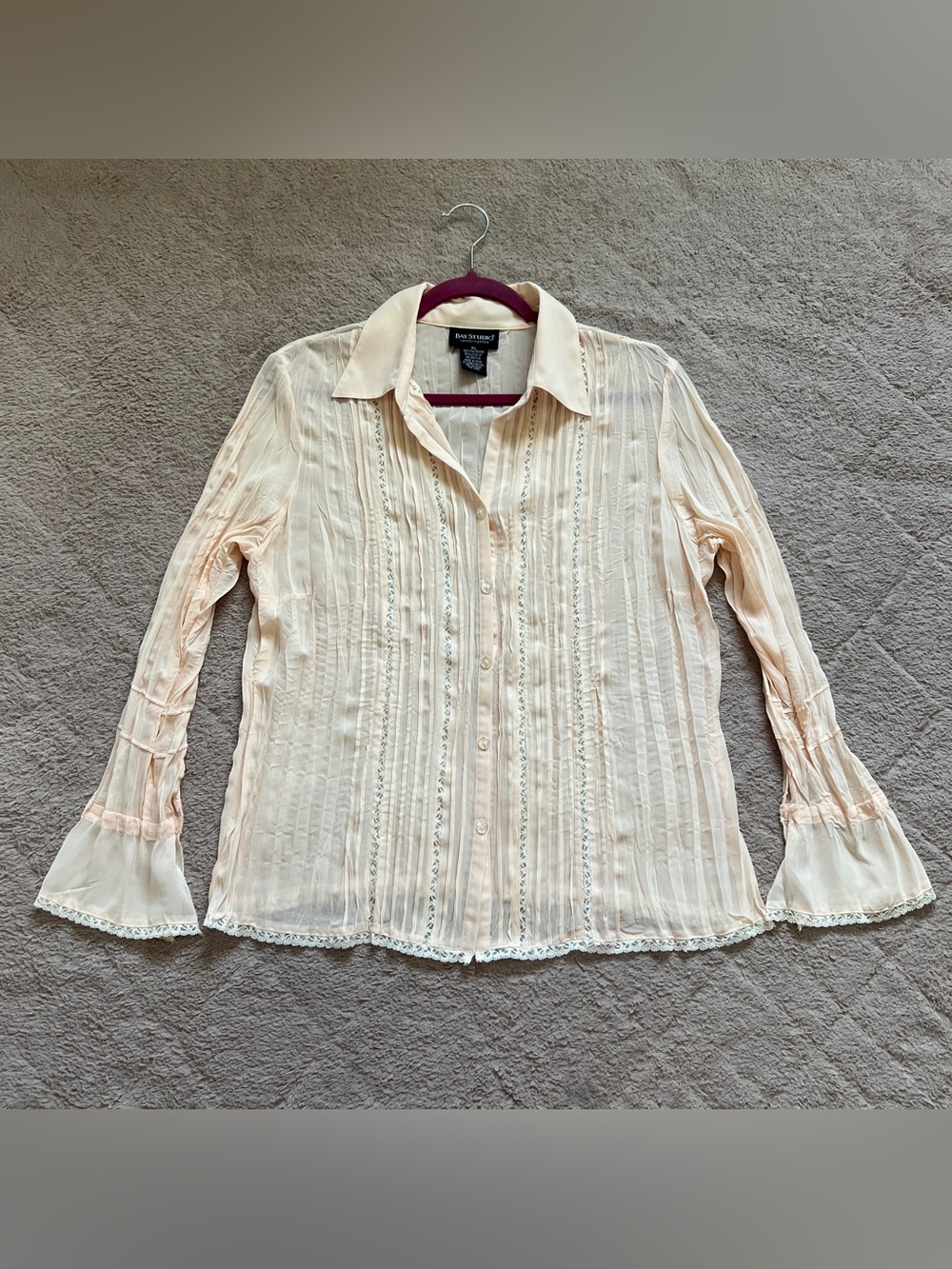 Vtg Bay Studio Blouse Pleated Lace Trim Peasant Victorian Cottage Crinkle‎ Sz LP
